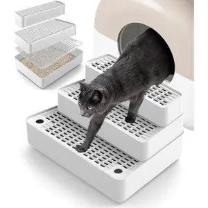 Adjustable 3 Steps Litter Box Ramp with Detachable Litter Trapper, Non-Slip Easy Clean Cat Litter Stair for Small & Elderly Cats, Cat Steps for Automatic Litter Box, White