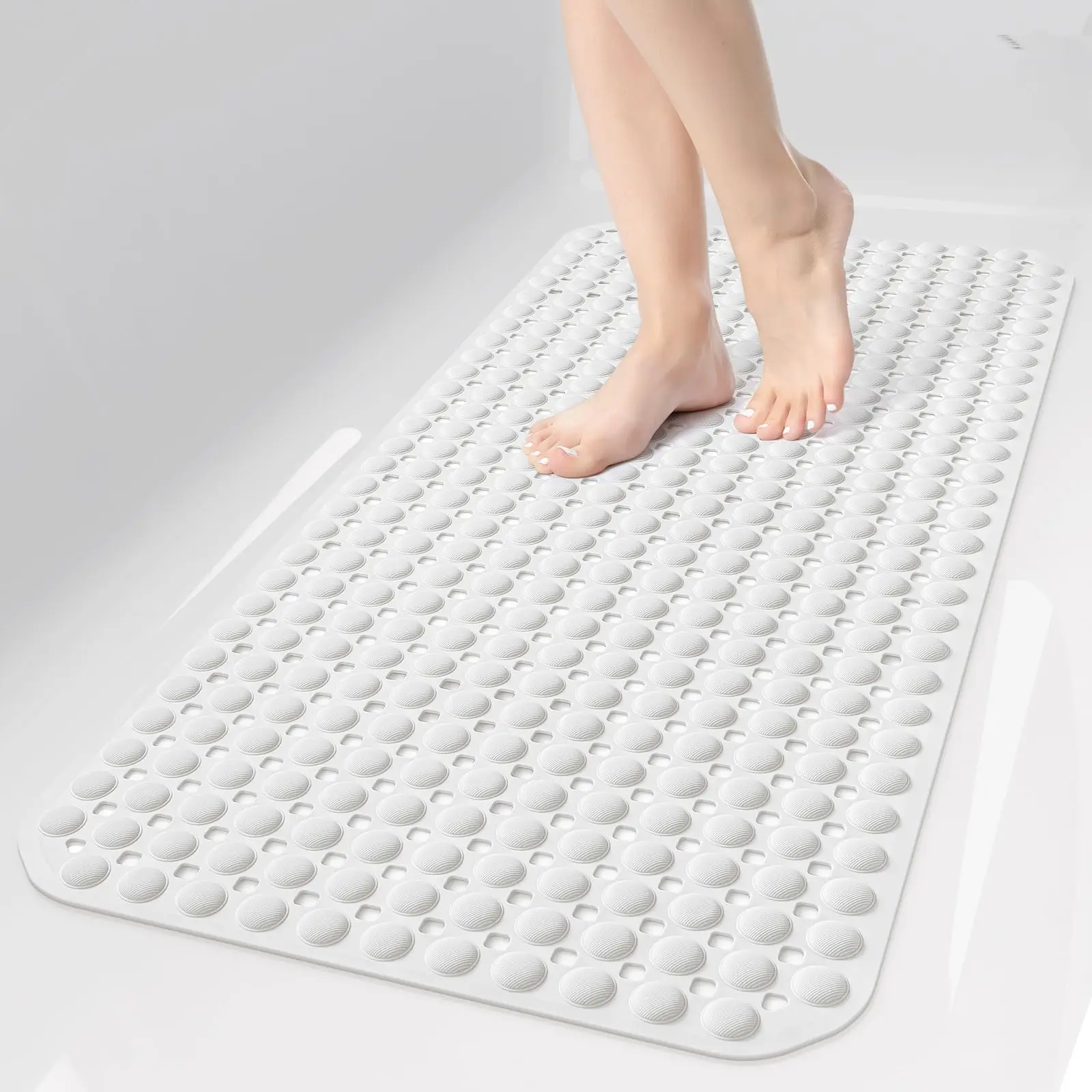 OTHWAY Soft TPE Rubber Non-Slip Bathtub Shower Mat (35×16 in) - Strong Suction Cups, Suction Cup Attachment Bathtub Accessories, Quick Drain Holes, Massage Nodules, Machine Washable, Eco-Friendly PVC Mat Alternative, White