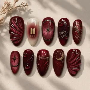 Royal Crimson KPOP Arirang Inspired Press On Nails, Kpop BTS Dark Red Cat Eye False Nails Gold Filigree