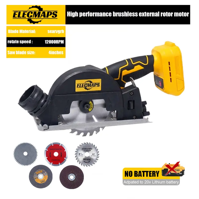 Cordless Brushless 4-Inch Circular Saw, Compatible with Dewalt 20V Battery, Compact Design, 4 Speed Settings, Up to 12,000 RPM, Adjustable Guard Angle, Suitable for Cutting Wood, Metal, Tile, and More