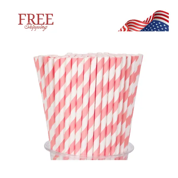 100 Packs Pink Biodegradable Striped Paper Straws
