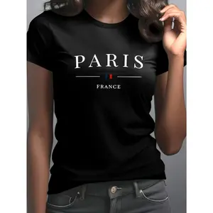 [Paris Graphic Tee] Women's Paris France Graphic Tee - Green Short Sleeve Crew Neck Casual Top with Eiffel Tower & French Flag Design, Medium Stretch Comfort Fit for Casual Attire, Ladies T Shirts