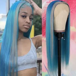Phyoung Hair Ombre Blue with Grey Highlights Lace Frontal Synthetic Wig Long Straight Prelucked Hair Gluesless Heat Resistant Fiber Hair for Women Free Part for Natural Look