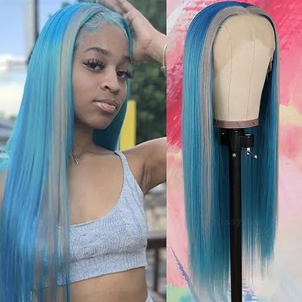 Phyoung Hair Ombre Blue with Grey Highlights Lace Frontal Synthetic Wig Long Straight Prelucked Hair Gluesless Heat Resistant Fiber Hair for Women Free Part for Natural Look