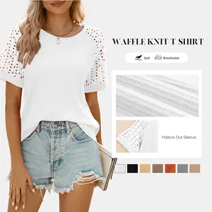 Shewin Women's Waffle Knit Tops Casual Crew Neck Hollow Out Eyelet Raglan Short Sleeve Summer Clothes T-Shirts Blouses S-XXL Plus Size Lightweight Breathable Fabric Fit Knitwear