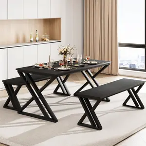 55" Kitchen Dining Table Set with 2 Benches for 4 People, Space-Saving Dinette with Sturdy Metal Frame, Black Finish for Dining Room, Kitchen & Apartment