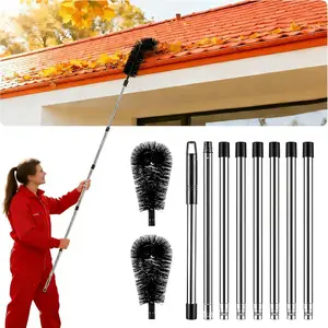 10.5 FT Gutter Cleaning Tools from The Ground with 2 count Nylon Brush Stainless Steel Telescopic Pole Adjustable Gutter Cleaner Tools No Ladder Needed for Easy Remove Branches Leaves