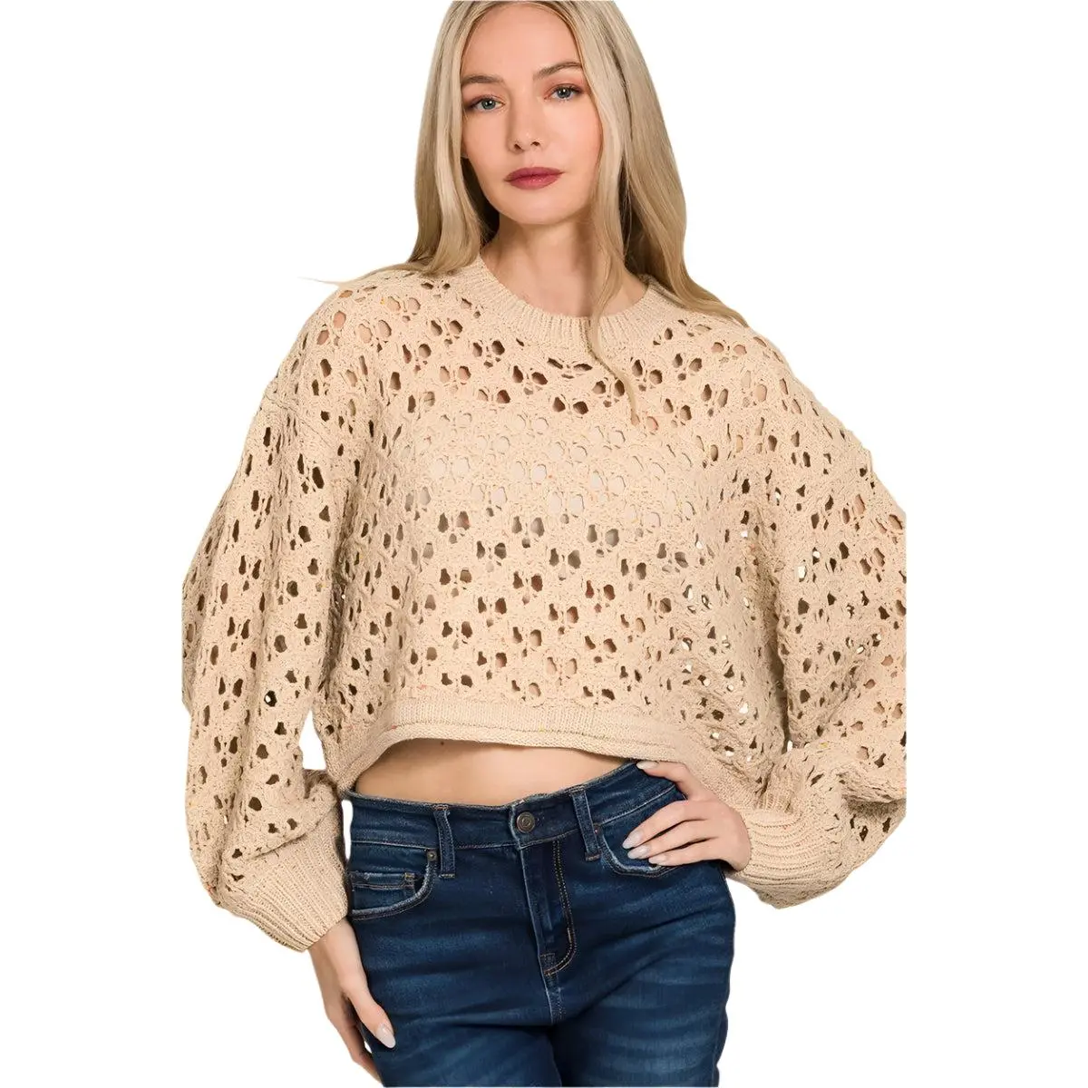 Oversized Cropped Crochet Knit Sweater