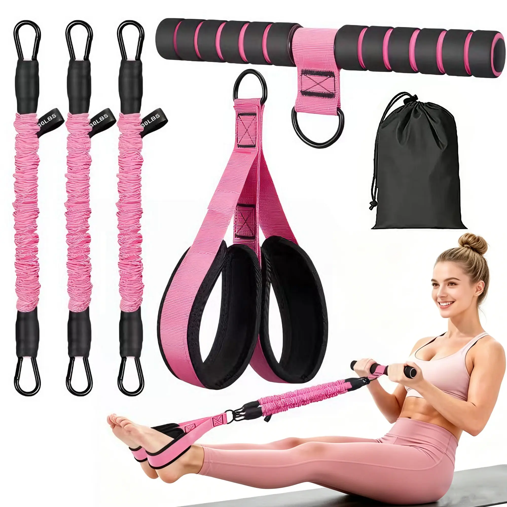 Pedal Resistance Bands, 3-Tube Natural Latex Workout Equipment with Non-Slip Pedals & Safety Sleeves, 30-90 lbs for Home Gym Core Strength Training, Home Workout, Stretching Bands, Foot Pedal Resistance Bands, Elastic Resistance Bands