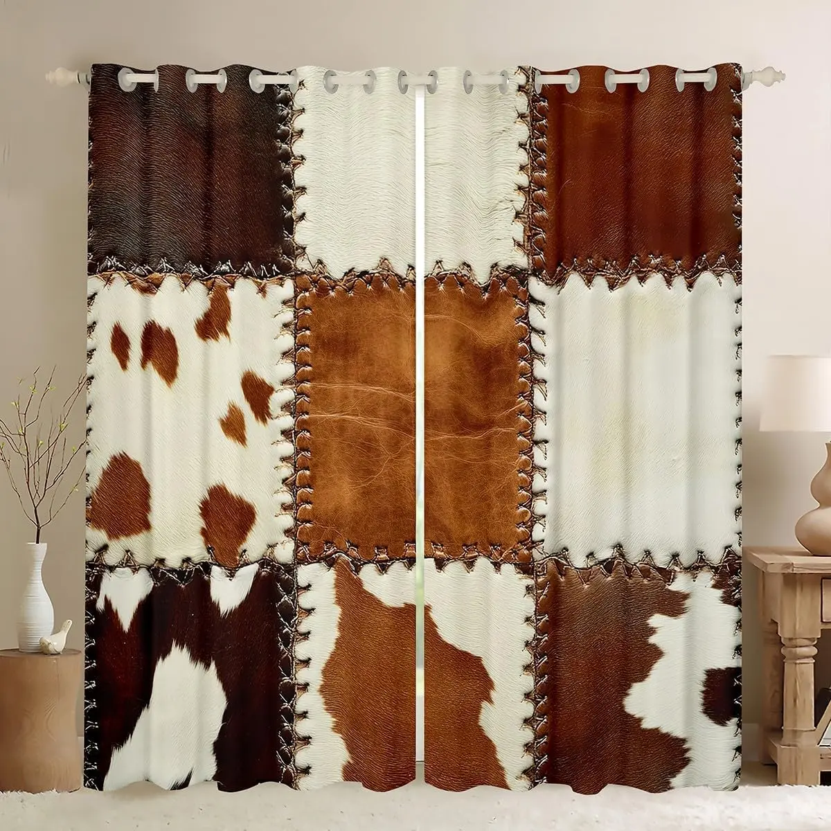 Set of 2 Multi-Size Velvet Fabric Brown Highland Cow Print Blackout Curtains - Home Decorative Curtain, Partial Shade Rustic Farmhouse Retro Patchwork Bohemian Western Window Treatments