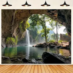 Waterfall Forest Green Backdrop Natural Scenic Backdrop Tropical Nature Background Cloth Jungle Tapestry Wall Hanging Photography Background Polyester Fiber Home Garden Party Event Studio Decor Studio Prop Wall Art