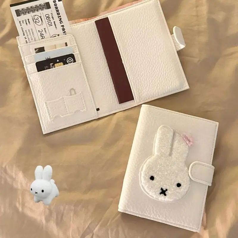 Miffy Plush Bunny PU Passport Holder Multi-Function RFID-Blocking Card Wallet with Kawaii Bow Couple's Mini Purse Perfect Gift