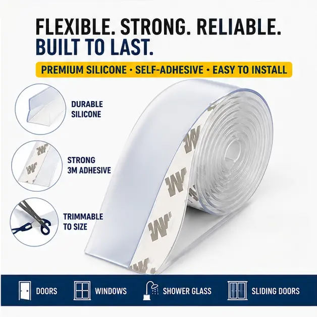 32.8In Self-Adhesive Silicone Seal Strip - Door Draft Stopper, Weatherproof Soundproof Sweep for Glass Shower Doors, Windows (Multiple Sizes)