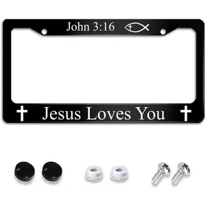 John 3:16 Loves You License Plate Frame Stainless Steel Funny Black Tag Holder Frame with 2 Holes and Screws, 12 x 6 Inch Decoration for Standard