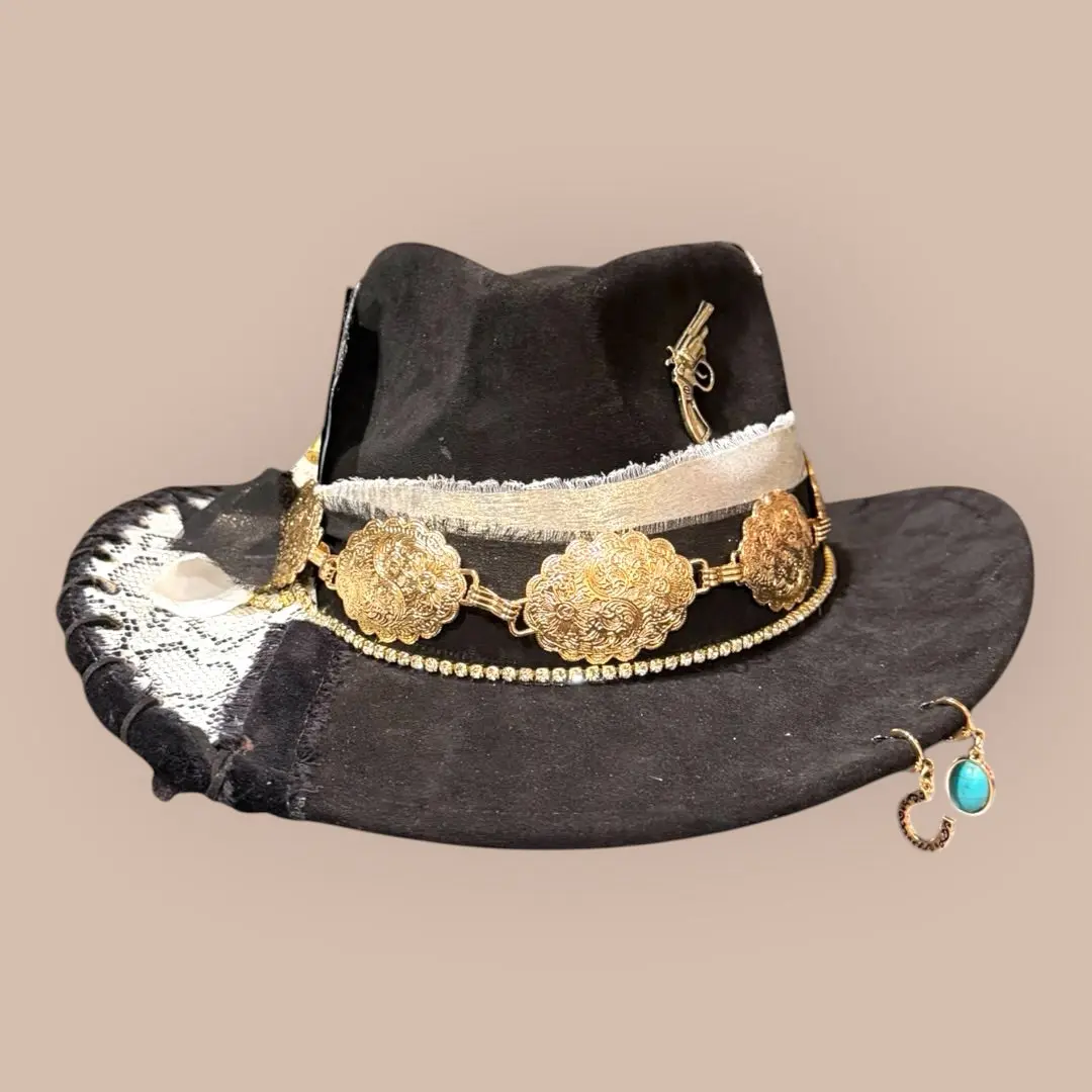 The High Stakes – Black Western Statement Hat with Gold Concho &amp; Playing Card Detail