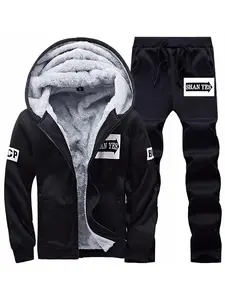 Men's autumn and winter sports and leisure suits, lined with wool, with a hooded jacket and pants, featuring letter print details, suitable for wearing at home and in casual settings.