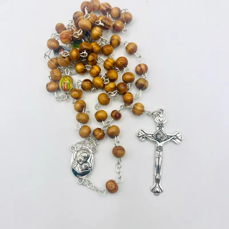 Mini Olive Wood Rosary with medal crucifix featuring oval images of Jesus and The Virgin Mary Holy Soil Jerusalem Religious
