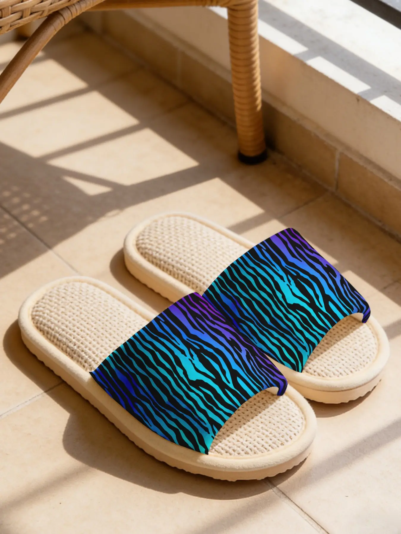 Blue-Purple Gradient Zebra Stripe Print Linen Slippers Trendy Personal Style Cloud-Feel Linen Breathable Non-Slip Must-Have For Trend Lovers Home & Outdoor