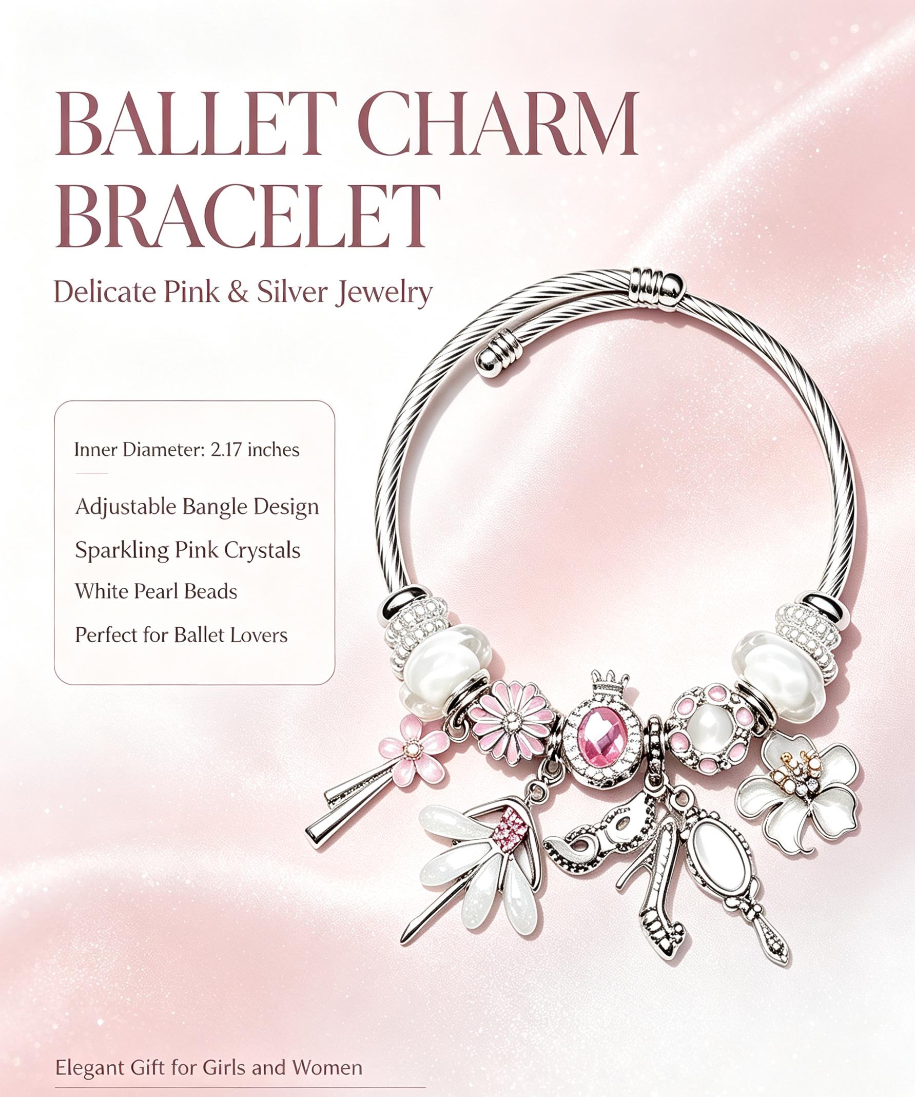 Silver Tone Ballet Charm Bracelet for Women, Pink Crystal Flower Bangle with Ballet Shoe Pendant, Elegant Fairycore Jewelry Gift for Her