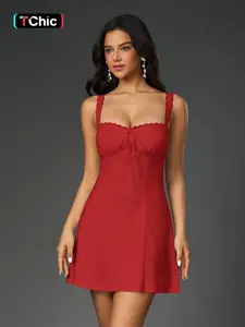 Parthea Tie Lace Spliced Ruched Bodycon Cami Dress,Elegant, Stylish and Romantic Short Skirt.