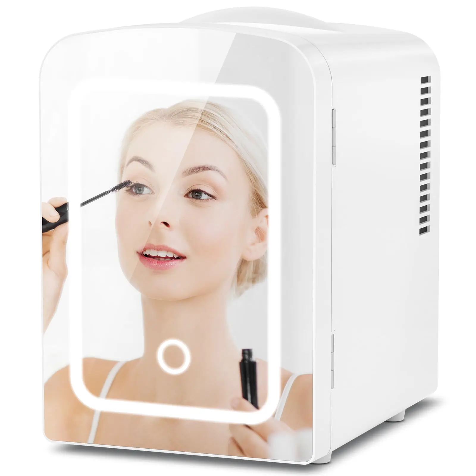 R.W.FLAME Mini Refrigerator and Personal Beauty Fridge, Mirrored Door with Light, 4 Liter, White/Black