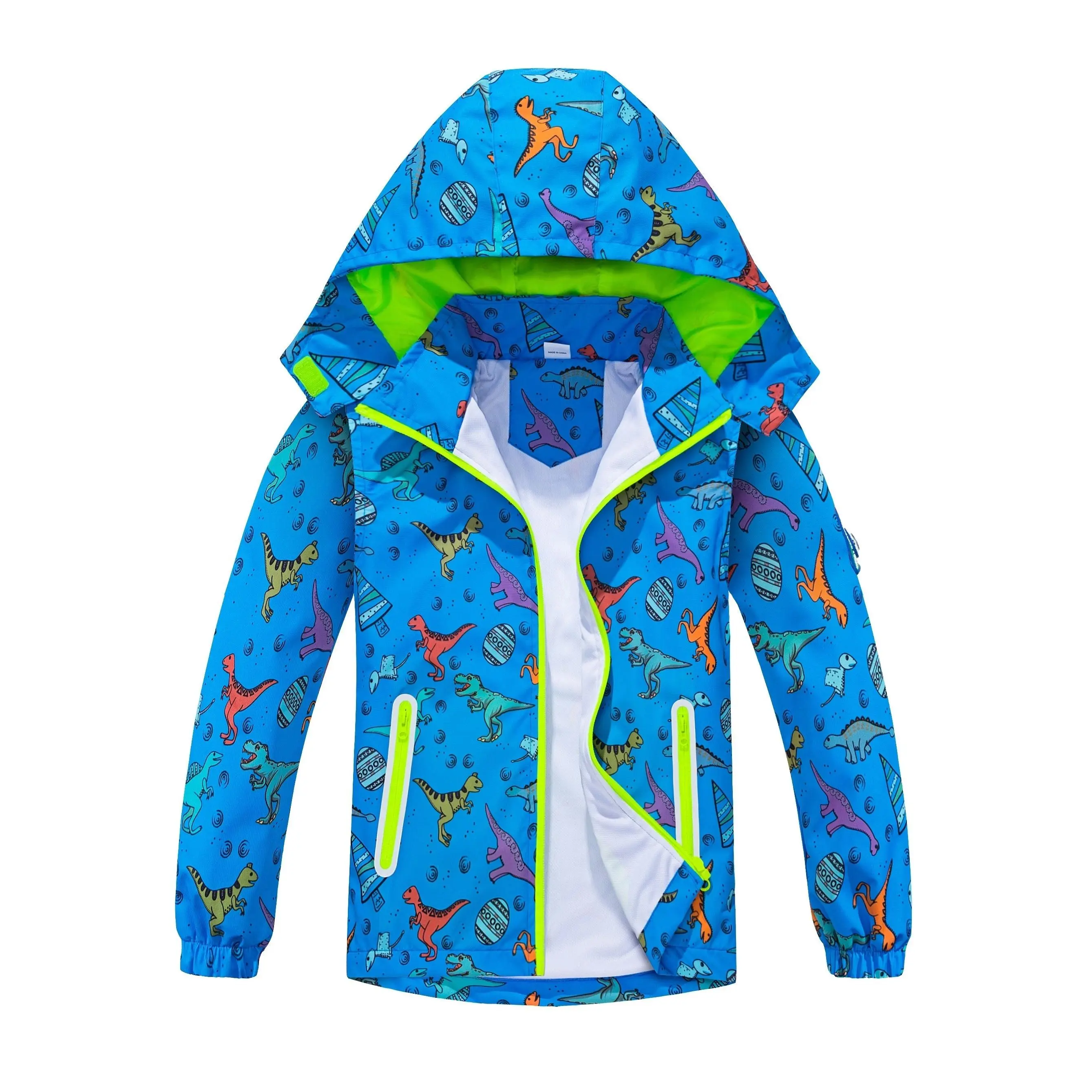 Boys' Dinosaur Animal Pattern Polyester Raincoat - Waterproof, Lightweight Windbreaker with Removable Hood, Zip Closure, Mesh Inner Layer