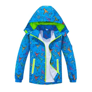 Boys' Dinosaur Animal Pattern Polyester Raincoat - Waterproof, Lightweight Windbreaker with Removable Hood, Zip Closure, Mesh Inner Layer