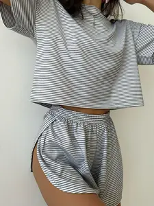 Women's Striped Knit Short Sleeve Top & Shorts Set, Casual Loose Fit Design, Soft Fabric Comfortable Wear, All Season Home