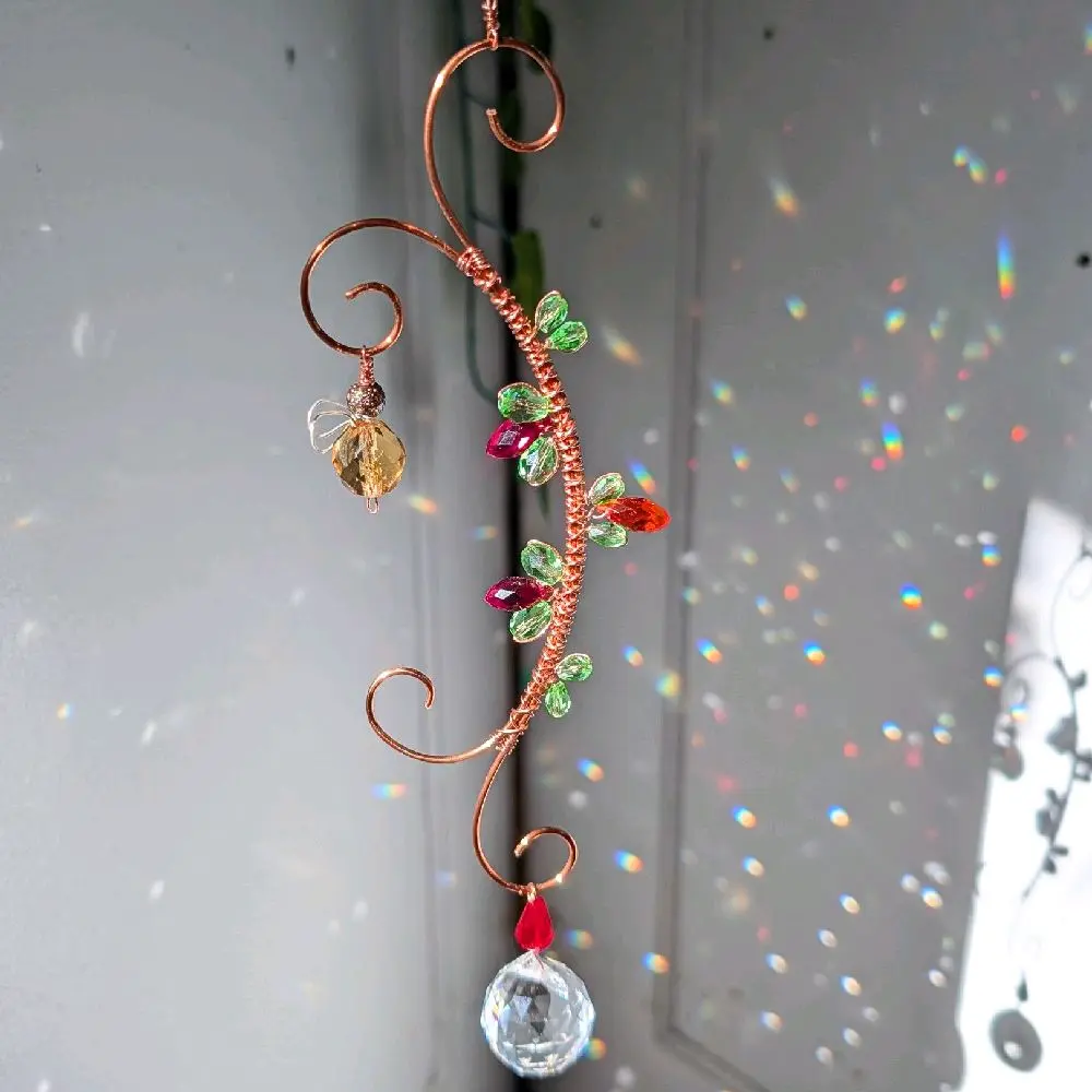 Handmade Bumblebee & Floral Vine Crystal Suncatcher | Wire Wrapped Window Hanging | Rainbow Sun Catcher | Garden Decor | Bee Lover Gift