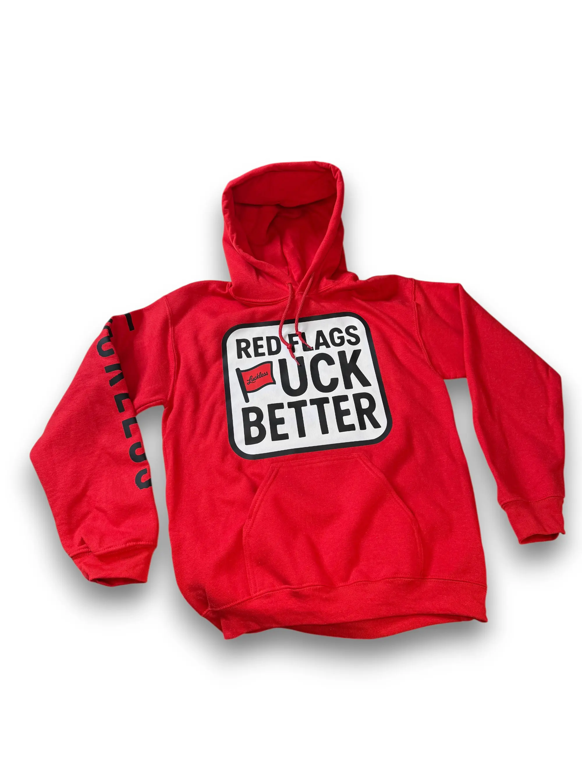 Red Flags F*ck Better | Outrageously Funny Red and Black Pullover Hoodie by Luckless Outfitters