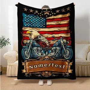1 Customizable Motorcycle Eagle American Flag Printed Blanket - Personalized Name/Text, Suitable for All Seasons, Lightweight Polyester Flannel Blanket, Suitable for Sofa, Bed, Travel - Digital Printing, Warm and Soft, Ideal Gift