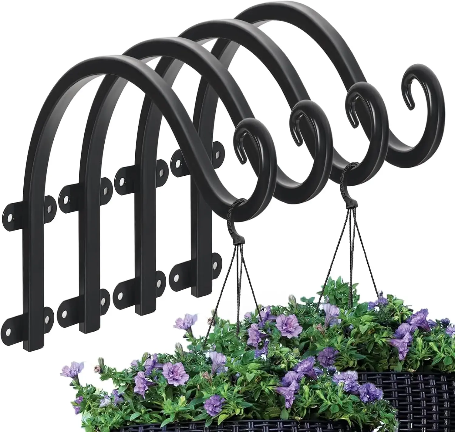 Sturdy Wall Mount Plant Hanger Brackets (12-Inch Bundles), 4-Piece Black Outdoor Hooks for Planters, Bird Feeders, Sturdy Bracket