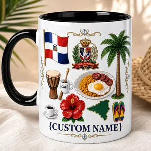 Custom Dominican Republic Heritage Mug, 2D Printed 3D Effect Ceramic Coffee Cup, Flag Palm Coffee Flower Food Design, Personalized Gift for Dominicans, Caribbean Lovers, Birthday Christmas Gift