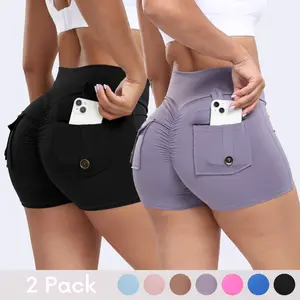 RIOJOY 2 Pack Women's Workout Shorts with Cargo Pocket Scrunch Butt Gym Shorts V Cross Waist Yoga Booty Lifting Athletic Bottom for Women High Waisted Squat-Proof 3" Inseam
