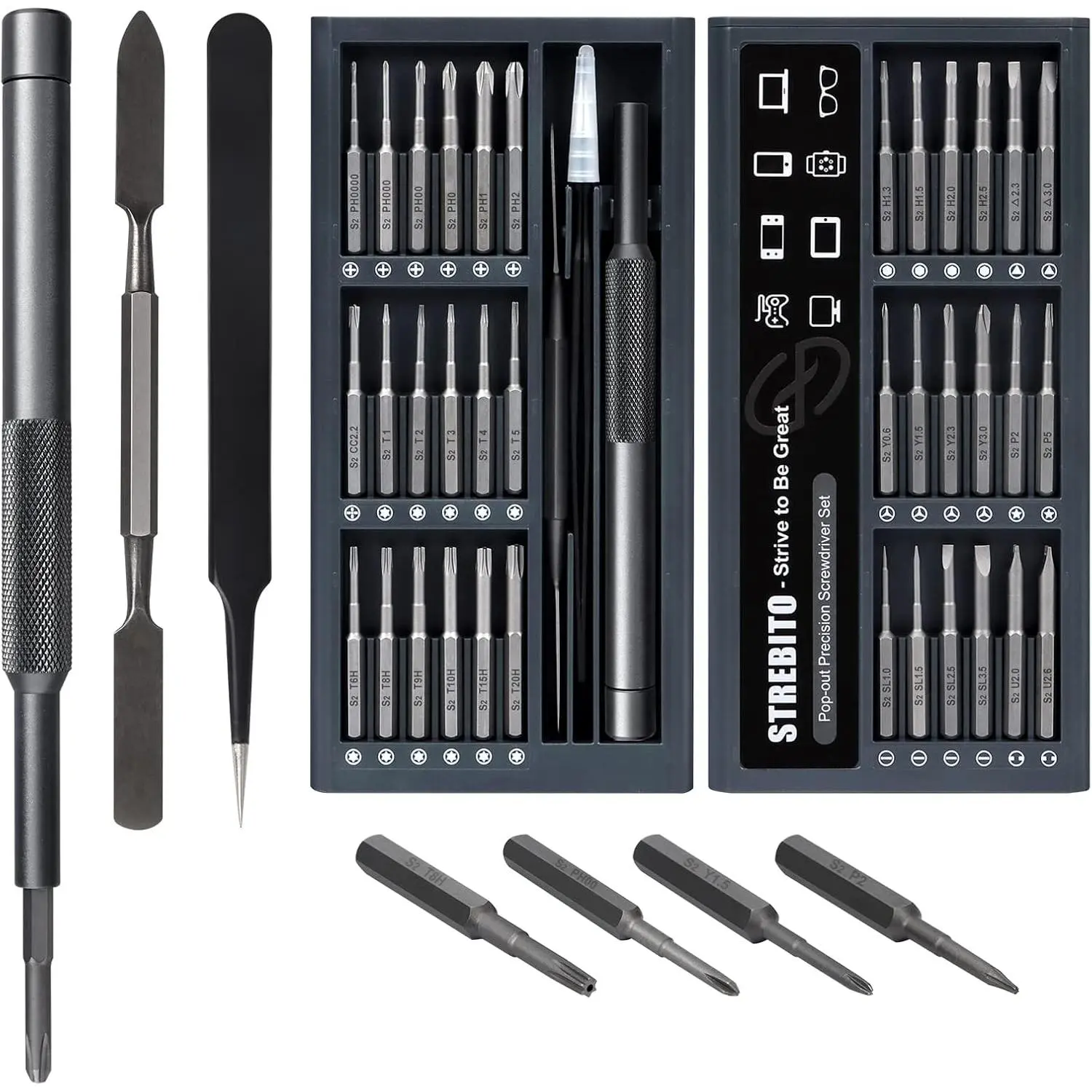 39-in-1 Precision Screwdriver Set with S2 Steel Bits, 36 Pcs 4mm 17mm-Long Neck Bits, Torx/Pentalobe/Triwing Heads, Spanner, Aluminum Grip - for PS5 Console, RC Hobby Device Repair