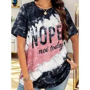Women'S Plus Size "NOPE NOT TODAY" Graphic Tee - Casual Black & White Tie-Dye Short Sleeve T-Shirt, Soft Knit Fabric, Spring/Summer Fashion, Oversized Fit, Round Neck, Relaxed Outing Apparel | Oversized Tee | Medium Stretch