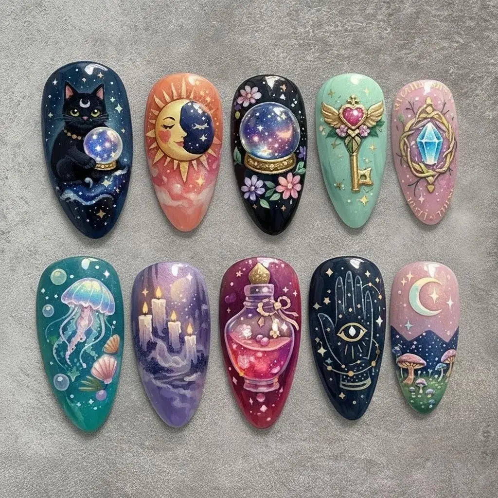 Gothic Press-On Nails, Tarot Mystic Set with Moon Cat Crystal Art, Candles, Jellyfish & Enchanted Night Sky Designs for Beauty Nail Art Decoration