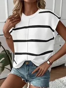 Women's Striped Knit Top, Casual Everyday Round Neck Short Sleeve Sweater Vest, Lightweight Horizontal Stripe No-Sleeve Pullover for Summer & Spring, Knitwear
