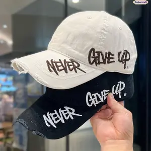 Distressed Embroidered Baseball Cap for Men and Women, Vintage Streetwear Dad Hat with Curved Brim, Ripped Washed Sun Protection Cap for Casual Outdoor Wear and Everyday Fashion