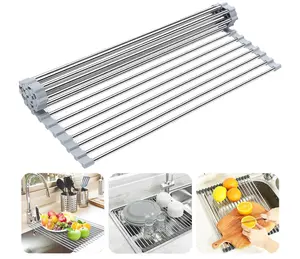 18.5” x 13.3”Over the Sink Dish Drying Rack,  Roll up Sink Dish Drainer Rack Foldable Kitchen Stainless Steel Dish Rack Sink Drying Rack