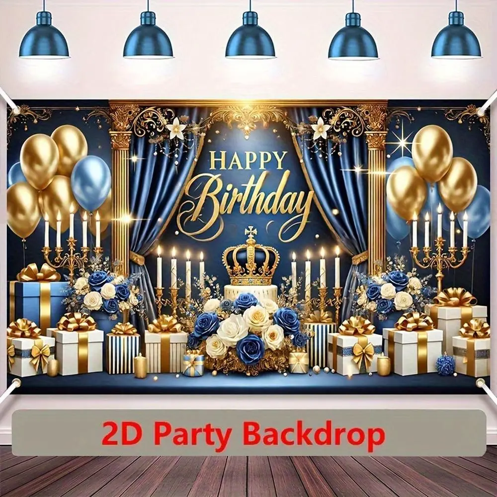 Royal Blue & Golden 2D Flat Polyester Birthday Backdrop Banner - Star Light Show, Gift Box, Balloon Designs for Indoor-Outdoor Events