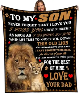 To My Son from Dad Lion Throw Blanket for Bed Couch Sofa, Soft Plush Fleece Blanket with Lion Design, Warm/Cozy Bedroom & Living Room Nap Blanket, Heartfelt Room Decor Gift for My Son, Birthday Christmas Family Holiday Gift