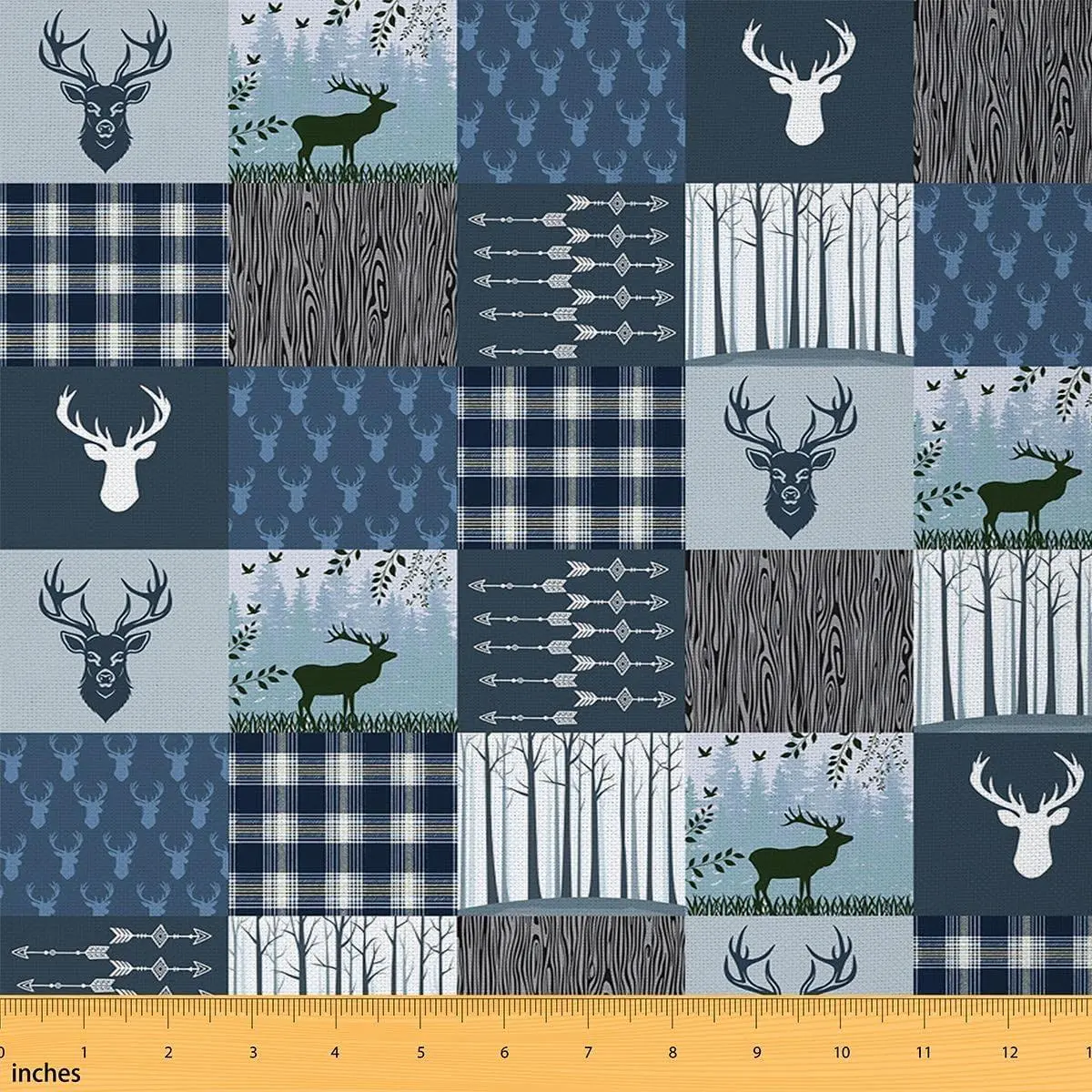 Feelyou Soft Flannel Upholstery Fabric - Antler Motifs, Plaid Patchwork, Wild Animal Theme - Yard Lengths for Western Farmhouse Blue Upholstery Decor, Deer Hunting Chair Projects, Home Interiors, Flannel Softness