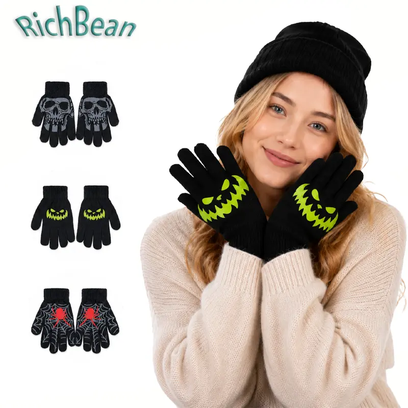 2pairs/3Pairs Halloween Skeleton Gloves, Spider Web Pattern Warm Gloves, Touchscreen Finger Gloves for Men Women, Non-Slip Stretchy Costume Gloves for Halloween Party, Cosplay Costume, Masquerade, Festival Events, Outdoor Wear & Winter Accessories