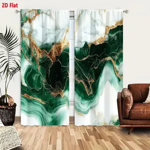 2D Flat Abstract Green Fluid Wave Pattern Home Decoration Curtain 2-Piece Set, Dark Emerald to Translucent Green with Gold Vein Swirls and White Backdrop, Elegant Natural Stone Artistic Design Blackout Curtains for Living Room Bedroom