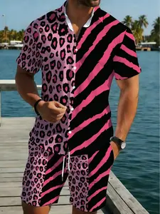 Men's short-sleeved shirt and shorts set, featuring pink leopard and zebra patterns, is made of lightweight polyester fiber. It is perfect for beach parties, casual outings and vacation wear. The design focuses on comfort and durability, and is suitable f