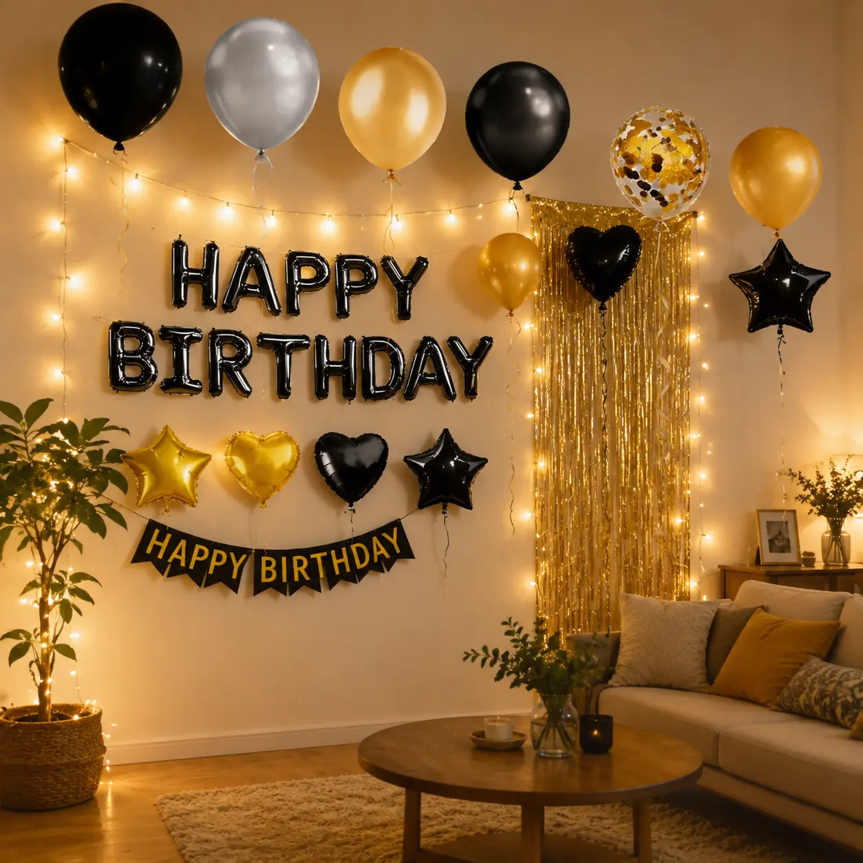 Luxury Black & Gold Birthday Balloon Decor Set - 1set, Star-Accented Photogenic Backdrop, Blow Up Birthday-Themed Balloons, Stars & Hearts Letter Set for Home Surprise Setups Party Supplies