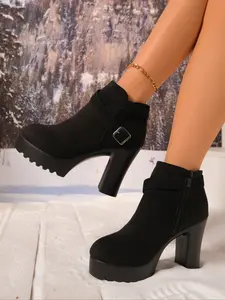 New Women's Ankle Boots, Anti-Slip Sole Chunky Heel, Casual Short Boots, One-Step Slip-On, PU Leather, Fall & Winter, Boot Heels