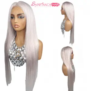 Gray Highlight Root Human Hair 32 Inch Straight Wig 13x4 HD Lace,Color is Slightly Pinkish-Purple, Front Pre-Plucked |150% Density Platinum Silver Highlight Wig