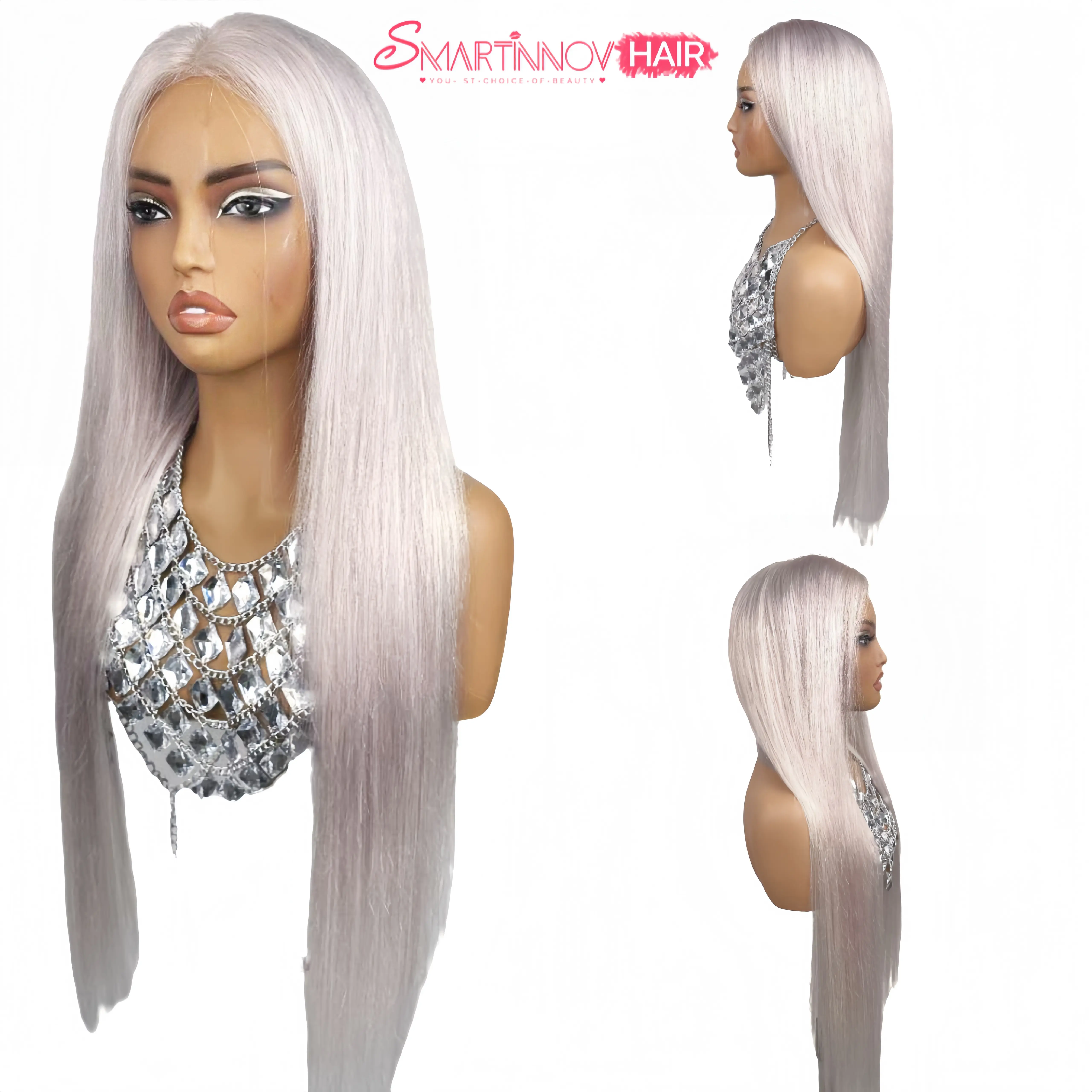 Gray Highlight Root Human Hair 32 Inch Straight Wig 13x4 HD Lace,Color is Slightly Pinkish-Purple, Front Pre-Plucked |150% Density Platinum Silver Highlight Wig